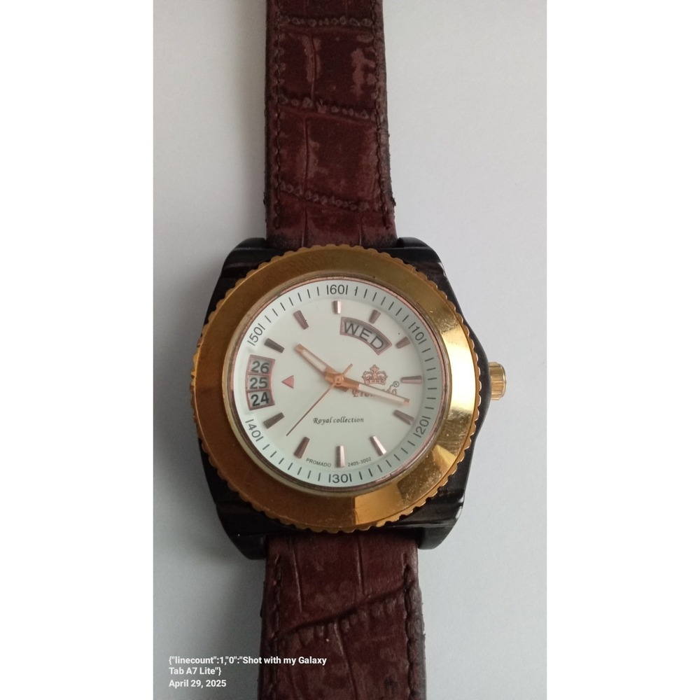 Promado Royal Collection Day Date Gold Tone Bezel Brown‎ Band Watch